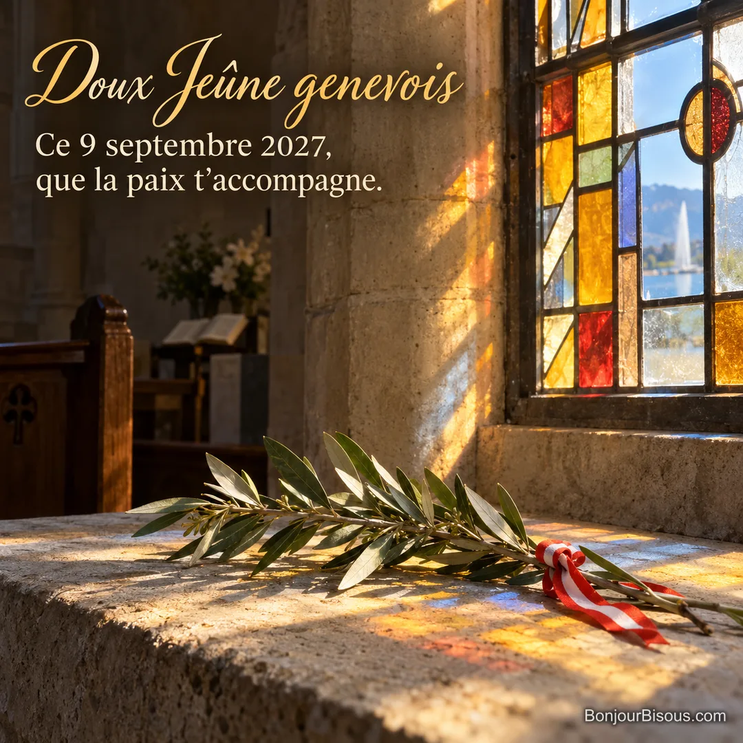 Au matin à Genève, un rayon de soleil traverse un vitrail géométrique clair dans un petit temple, éclairant un rameau d’olivier sur une pierre claire, avec le texte « Doux Jeûne genevois Ce 9 septembre 2027, que la paix t’accompagne. ». Au matin à Genève, un rayon de soleil traverse un vitrail géométrique clair dans un petit temple, éclairant un rameau d’olivier sur une pierre claire, avec le texte « Doux Jeûne genevois Ce 9 septembre 2027, que la paix t’accompagne. ».