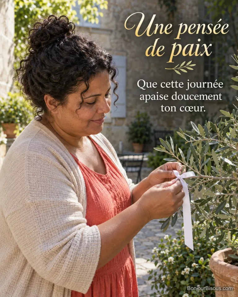 Une femme de 48 ans, teint brun doré, visage carré, cheveux noirs bouclés attachés en chignon lâche, corpulence ronde, sans lunettes, robe corail simple et gilet beige, attache un ruban blanc vierge à une branche d’olivier dans une cour calme de Genève, avec le texte « Une pensée de paix Que cette journée apaise doucement ton cœur. ».