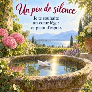 Peinture lumineuse d’un petit bateau en papier blanc portant un seul cœur bleu discret, flottant sans danger sur une vasque d’eau dans un jardin genevois, avec le texte « Un peu de silence Je te souhaite un cœur léger et plein d’espoir. ».