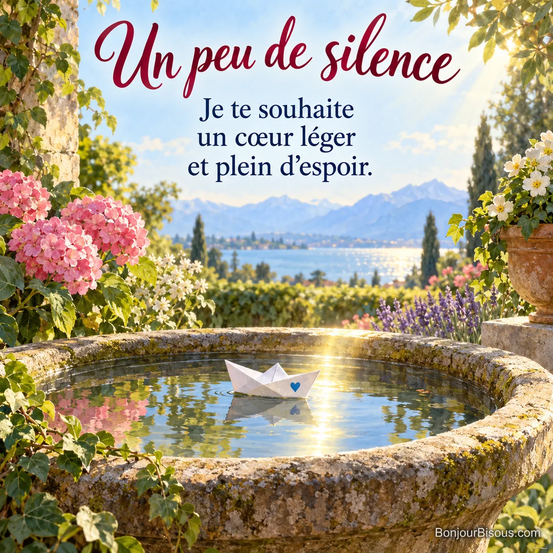 Peinture lumineuse d’un petit bateau en papier blanc portant un seul cœur bleu discret, flottant sans danger sur une vasque d’eau dans un jardin genevois, avec le texte « Un peu de silence Je te souhaite un cœur léger et plein d’espoir. ». Peinture lumineuse d’un petit bateau en papier blanc portant un seul cœur bleu discret, flottant sans danger sur une vasque d’eau dans un jardin genevois, avec le texte « Un peu de silence Je te souhaite un cœur léger et plein d’espoir. ».