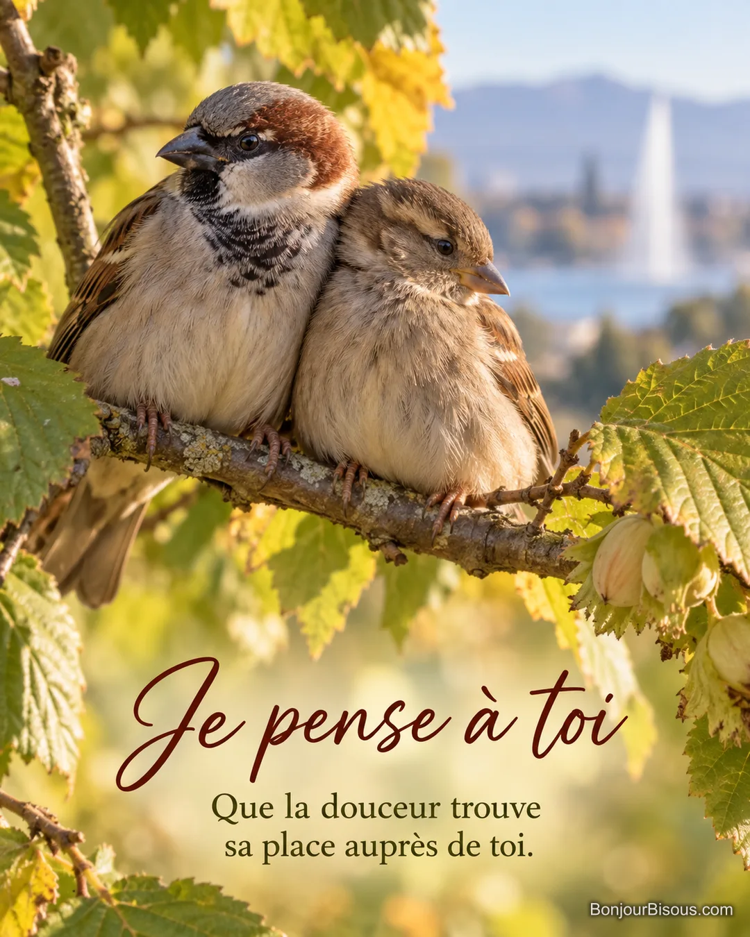 Deux moineaux domestiques réels se blottissent sur une branche de noisetier genevois en septembre, leur posture tendre visible en gros plan, avec le texte « Je pense à toi Que la douceur trouve sa place auprès de toi. ». Deux moineaux domestiques réels se blottissent sur une branche de noisetier genevois en septembre, leur posture tendre visible en gros plan, avec le texte « Je pense à toi Que la douceur trouve sa place auprès de toi. ».