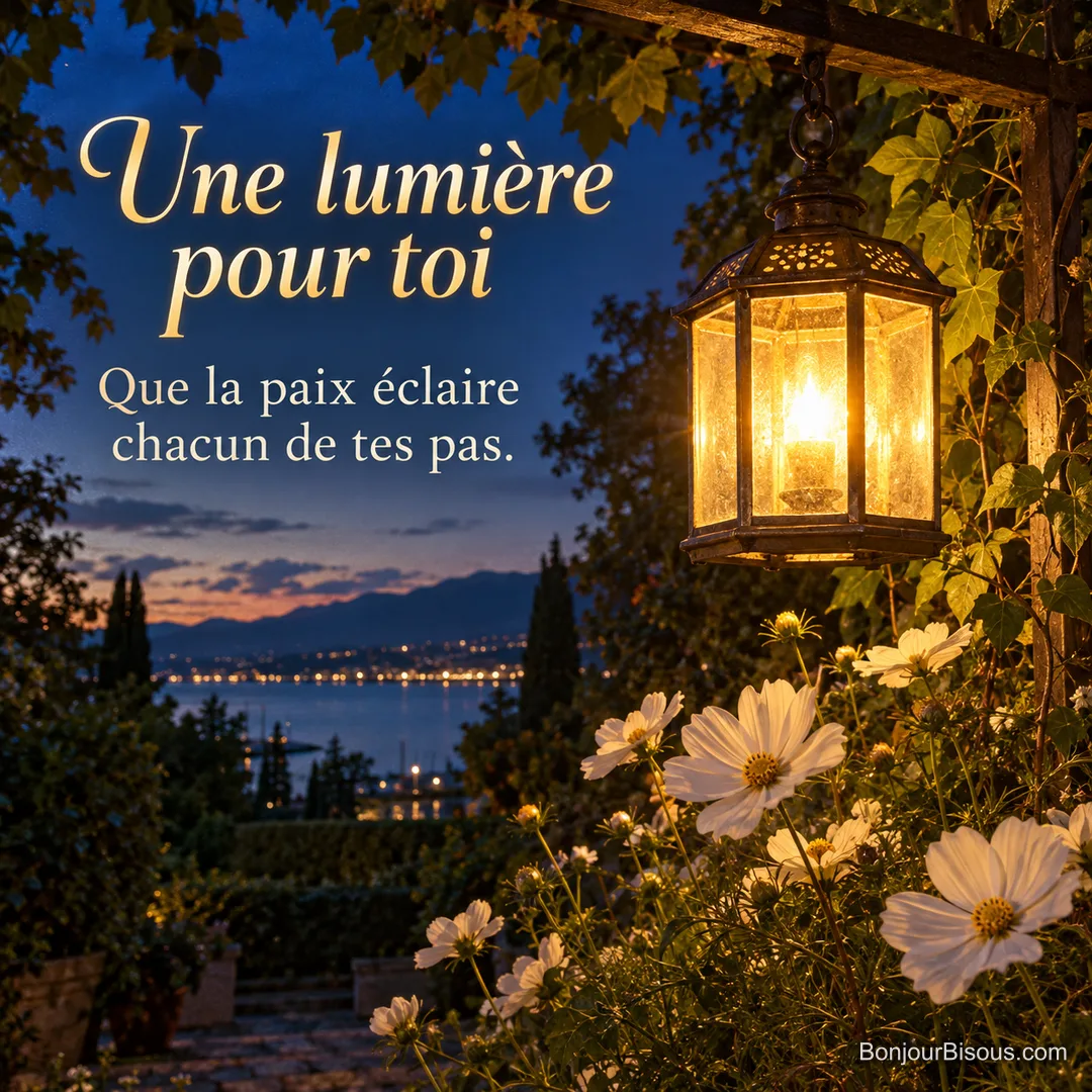 Une unique lanterne octogonale en verre chaud est suspendue à une tonnelle de jardin genevois au crépuscule, fleurs de cosmos blancs de septembre poussant en dessous, lumière d’espérance et petite ouverture sur le lac, avec le texte « Une lumière pour toi Que la paix éclaire chacun de tes pas. ». Une unique lanterne octogonale en verre chaud est suspendue à une tonnelle de jardin genevois au crépuscule, fleurs de cosmos blancs de septembre poussant en dessous, lumière d’espérance et petite ouverture sur le lac, avec le texte « Une lumière pour toi Que la paix éclaire chacun de tes pas. ».