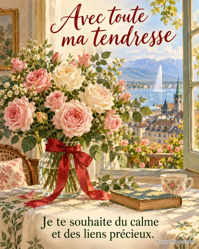 Peinture à la gouache colorée d’un bouquet de roses crème et rose pâle, variétés remontantes de septembre, posé près d’une fenêtre à Genève, avec le texte « Avec toute ma tendresse Je te souhaite du calme et des liens précieux. ».