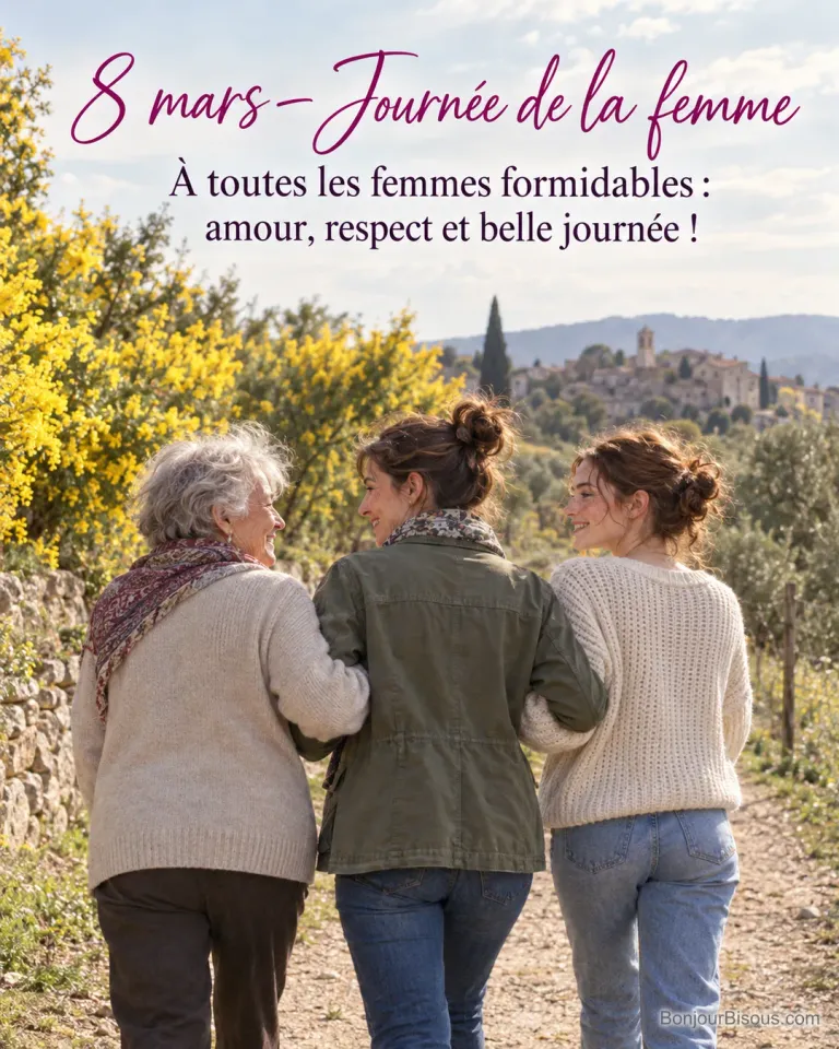 Photo de trois femmes de générations différentes vues de dos, bras dessus bras dessous sur un chemin de Provence bordé de mimosa, un village perché au loin, avec le texte « 8 mars – Journée de la femme – À toutes les femmes formidables : amour, respect et belle journée ! »