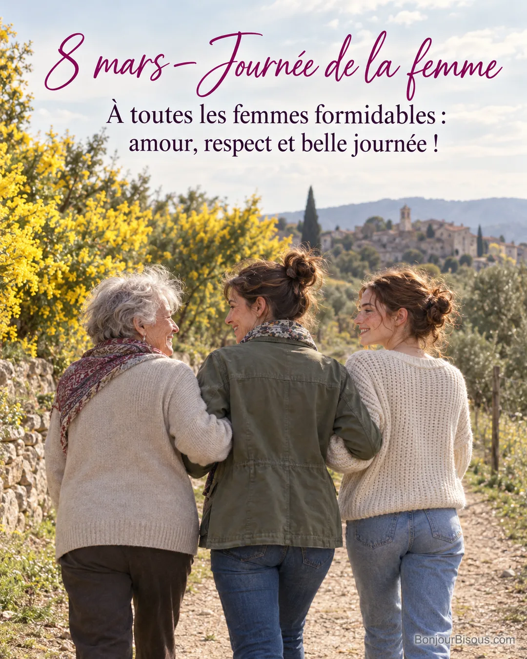 Photo de trois femmes de générations différentes vues de dos, bras dessus bras dessous sur un chemin de Provence bordé de mimosa, un village perché au loin, avec le texte « 8 mars – Journée de la femme – À toutes les femmes formidables : amour, respect et belle journée ! » Photo de trois femmes de générations différentes vues de dos, bras dessus bras dessous sur un chemin de Provence bordé de mimosa, un village perché au loin, avec le texte « 8 mars – Journée de la femme – À toutes les femmes formidables : amour, respect et belle journée ! »