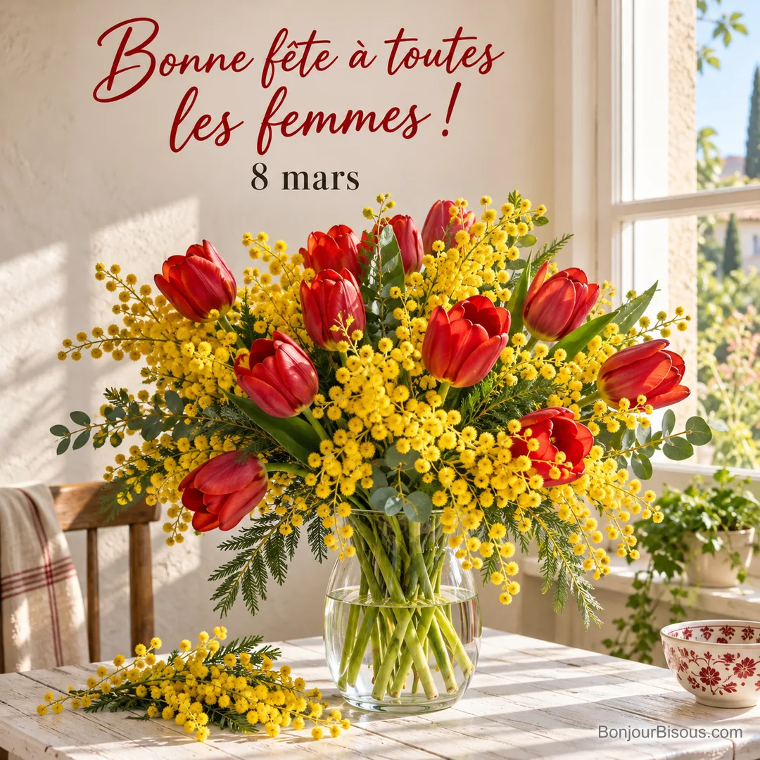 Photo d’un bouquet de mimosa jaune et de tulipes rouges dans un vase en verre sur une table blanche près d’une fenêtre ensoleillée, avec le texte « Bonne fête à toutes les femmes ! 8 mars » Photo d’un bouquet de mimosa jaune et de tulipes rouges dans un vase en verre sur une table blanche près d’une fenêtre ensoleillée, avec le texte « Bonne fête à toutes les femmes ! 8 mars »