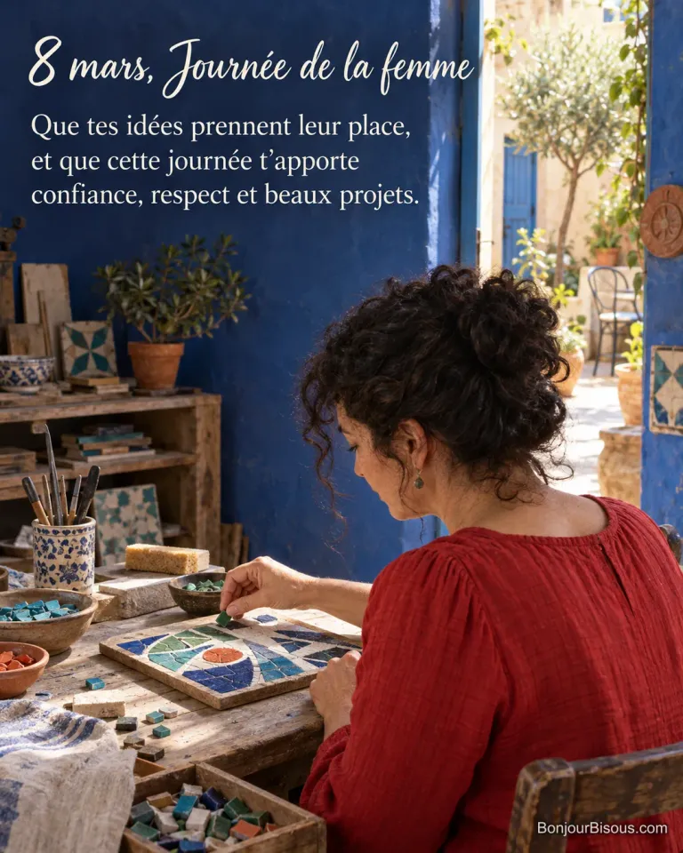 Une artisane compose une mosaïque vive dans un atelier marseillais, avec le texte « 8 mars, Journée de la femme Que tes idées prennent leur place, et que cette journée t’apporte confiance, respect et beaux projets. ».