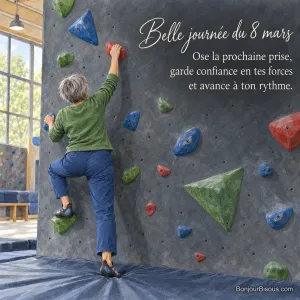 Une femme progresse sur un petit mur d’escalade coloré, avec le texte « Belle journée du 8 mars Ose la prochaine prise, garde confiance en tes forces et avance à ton rythme. ».