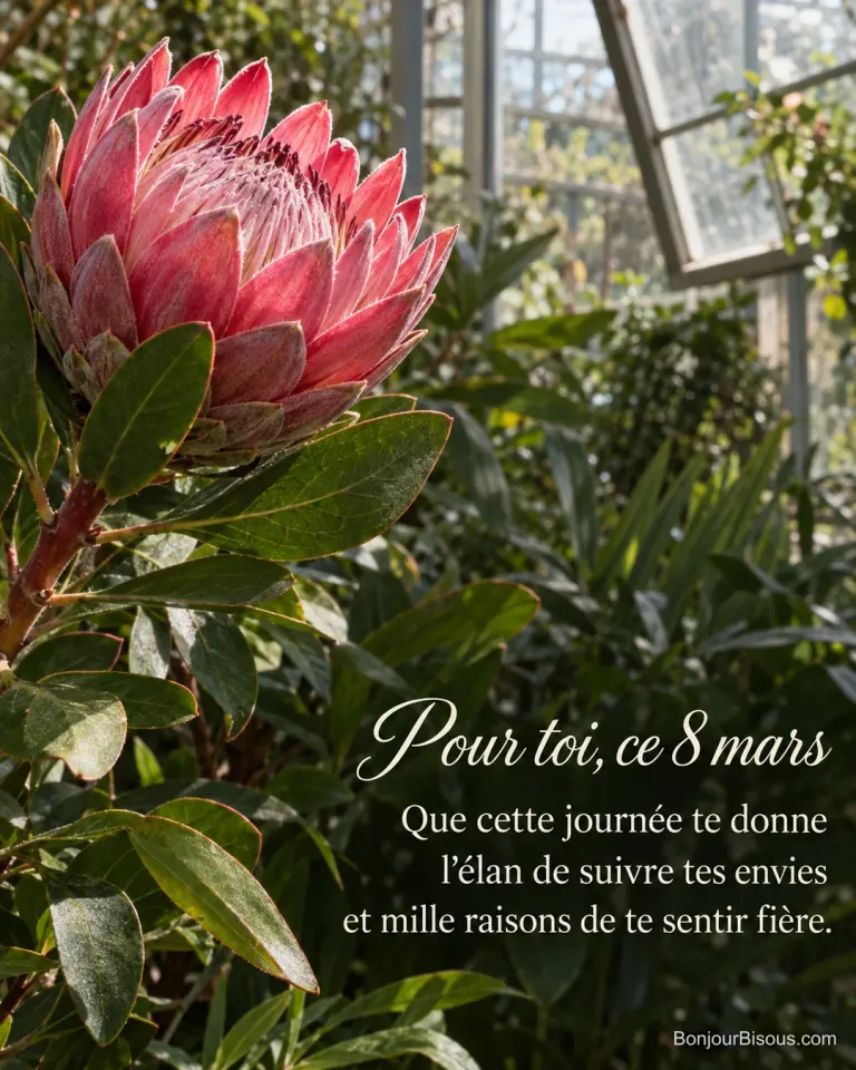 Une protéa rose fleurit dans une serre baignée de lumière, avec le texte « Pour toi, ce 8 mars Que cette journée te donne l’élan de suivre tes envies et mille raisons de te sentir fière. ».