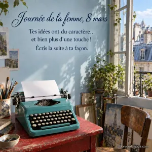 Une machine à écrire turquoise attend sur une table sous un rayon de soleil, avec le texte « Journée de la femme, 8 mars Tes idées ont du caractère… et bien plus d’une touche ! Écris la suite à ta façon. ».