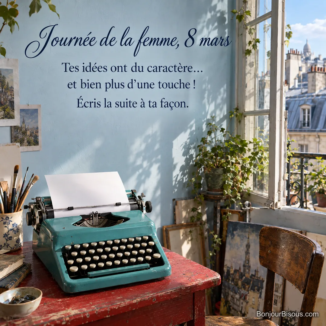 Une machine à écrire turquoise attend sur une table sous un rayon de soleil, avec le texte « Journée de la femme, 8 mars Tes idées ont du caractère… et bien plus d’une touche ! Écris la suite à ta façon. ». Une machine à écrire turquoise attend sur une table sous un rayon de soleil, avec le texte « Journée de la femme, 8 mars Tes idées ont du caractère… et bien plus d’une touche ! Écris la suite à ta façon. ».