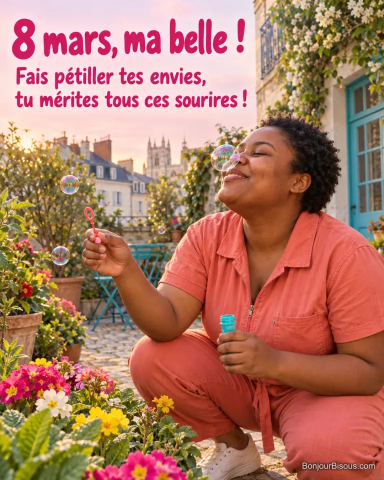 Une animatrice rit lorsqu’une bulle de savon se pose sur son nez dans une cour nantaise, avec le texte « 8 mars, ma belle ! Fais pétiller tes envies, tu mérites tous ces sourires ! ».
