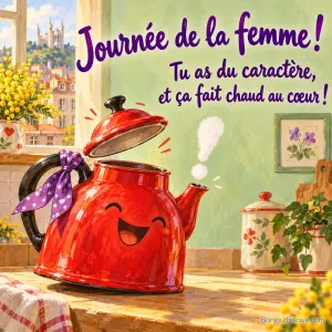 Une bouilloire rouge au foulard violet rit en laissant bondir son couvercle dans une cuisine lumineuse, avec le texte « Journée de la femme ! Tu as du caractère, et ça fait chaud au cœur ! ».