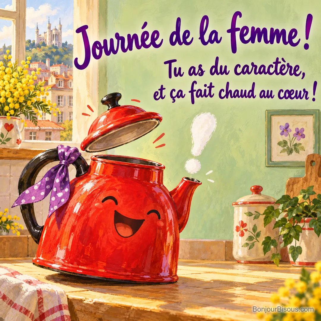 Une bouilloire rouge au foulard violet rit en laissant bondir son couvercle dans une cuisine lumineuse, avec le texte « Journée de la femme ! Tu as du caractère, et ça fait chaud au cœur ! ». Une bouilloire rouge au foulard violet rit en laissant bondir son couvercle dans une cuisine lumineuse, avec le texte « Journée de la femme ! Tu as du caractère, et ça fait chaud au cœur ! ».