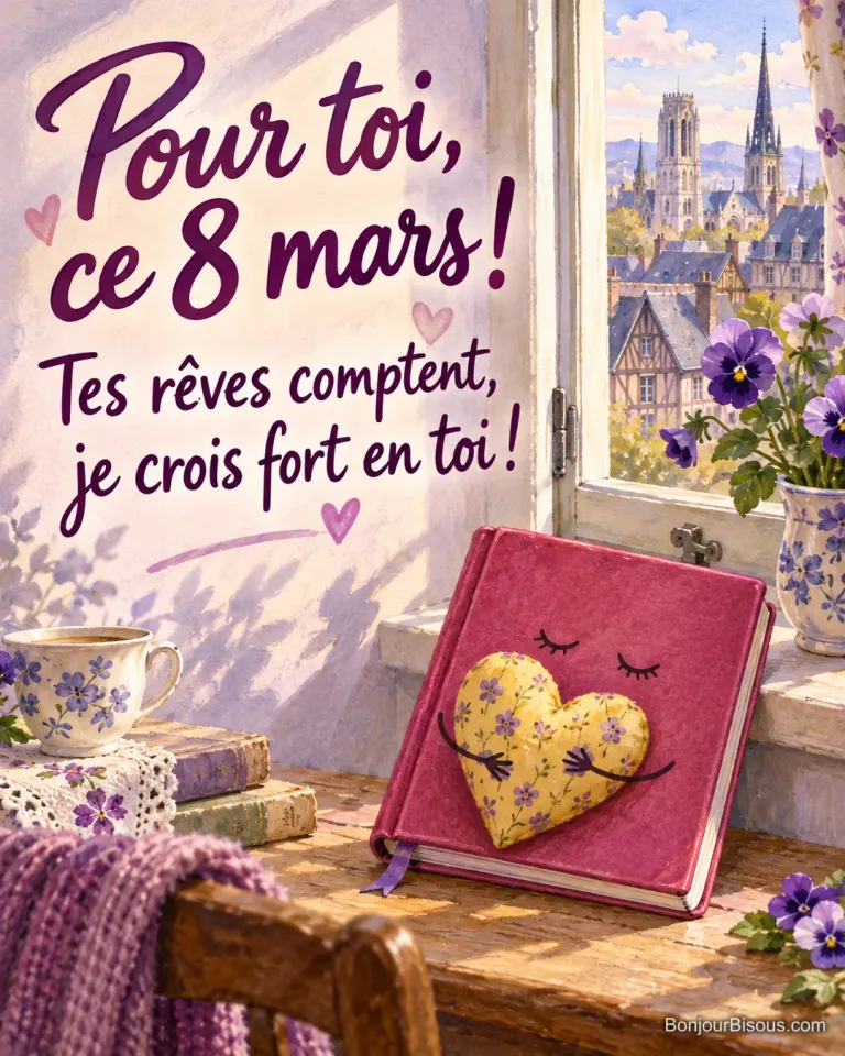 Un carnet rose aux petits bras dessinés serre un cœur jaune près de pensées violettes, avec le texte « Pour toi, ce 8 mars ! Tes rêves comptent, je crois fort en toi ! ».