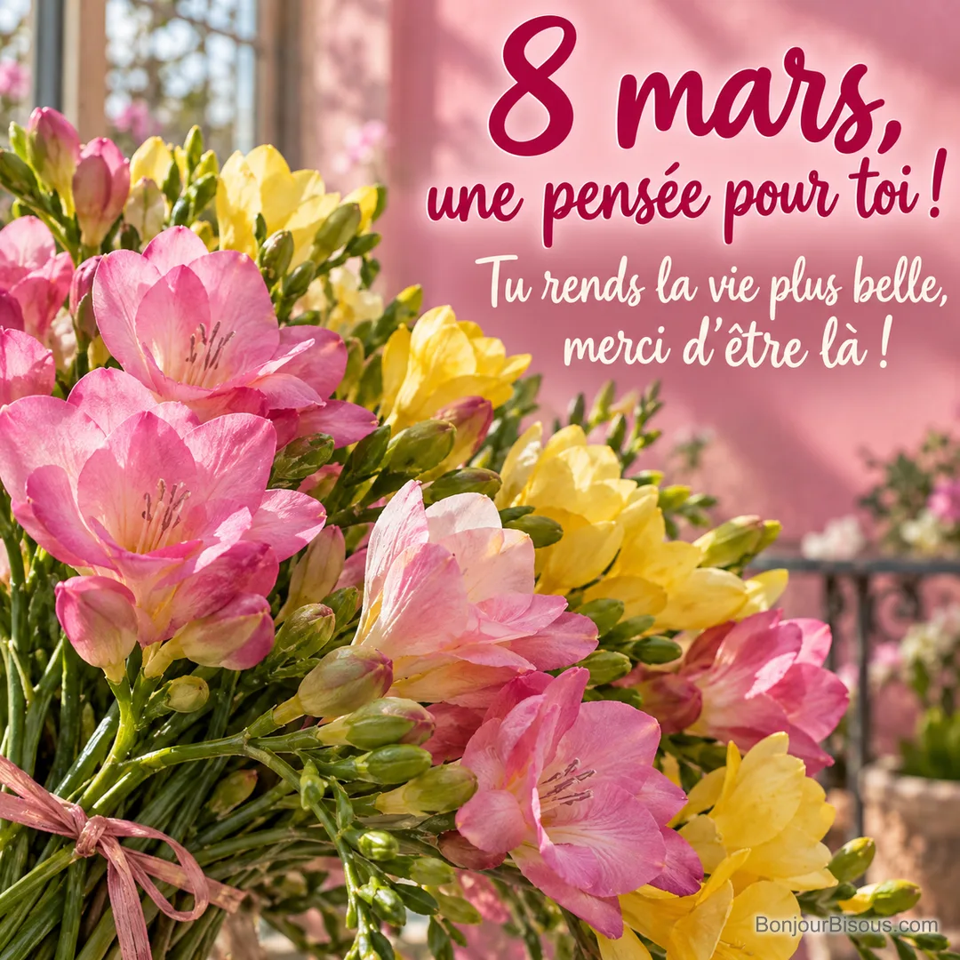Un bouquet lumineux de fleurs roses et jaunes est noué d’un lien rose, avec le texte « 8 mars, une pensée pour toi ! Tu rends la vie plus belle, merci d’être là ! ». Un bouquet lumineux de fleurs roses et jaunes est noué d’un lien rose, avec le texte « 8 mars, une pensée pour toi ! Tu rends la vie plus belle, merci d’être là ! ».