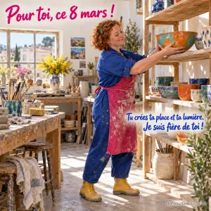 Une céramiste rousse range avec fierté un grand bol orange et turquoise dans son atelier de Vallauris, avec le message « Pour toi, ce 8 mars ! Tu crées ta place et ta lumière. Je suis fière de toi ! ».