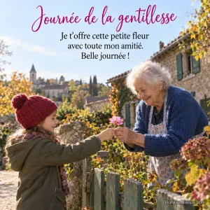 Photo d’une fillette en bonnet rouge qui tend une fleur de cosmos rose à une dame âgée en tablier par-dessus une barrière verte, dans un village ensoleillé, avec le texte « Journée de la gentillesse – Je t’offre cette petite fleur avec toute mon amitié. Belle journée ! »