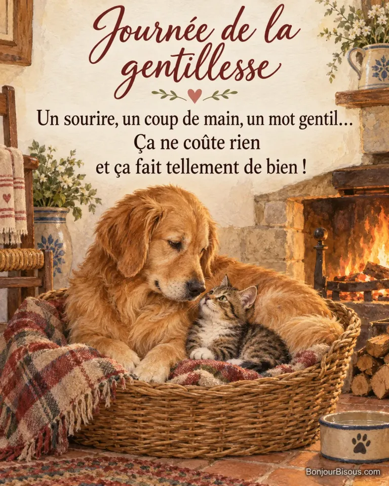 Peinture d’un golden retriever couché dans un panier en osier qui regarde tendrement un chaton tigré blotti contre lui, près d’une cheminée, avec le texte « Journée de la gentillesse – Un sourire, un coup de main, un mot gentil… Ça ne coûte rien et ça fait tellement de bien ! »