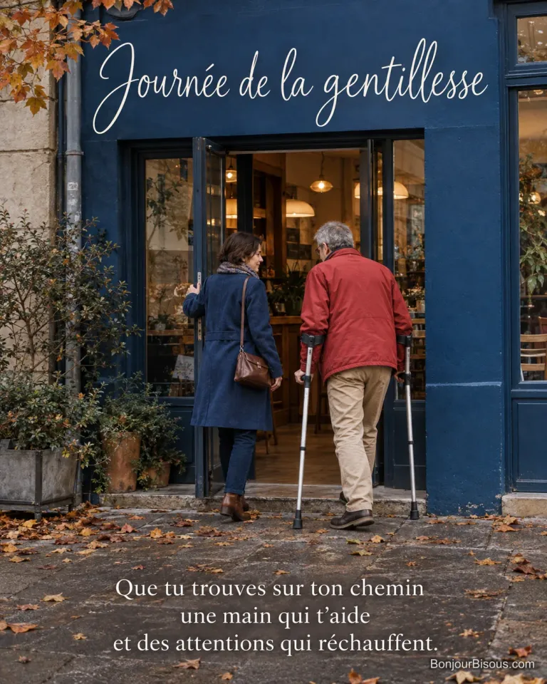 Une voisine tient la porte ouverte à un homme qui marche avec deux béquilles dans une rue lyonnaise, avec le texte « Journée de la gentillesse Que tu trouves sur ton chemin une main qui t’aide et des attentions qui réchauffent. ».