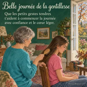 Une femme brosse doucement les cheveux d’une adolescente près d’une fenêtre ouverte sur le jardin, avec le texte « Belle journée de la gentillesse Que les petits gestes tendres t’aident à commencer la journée avec confiance et le cœur léger. ».