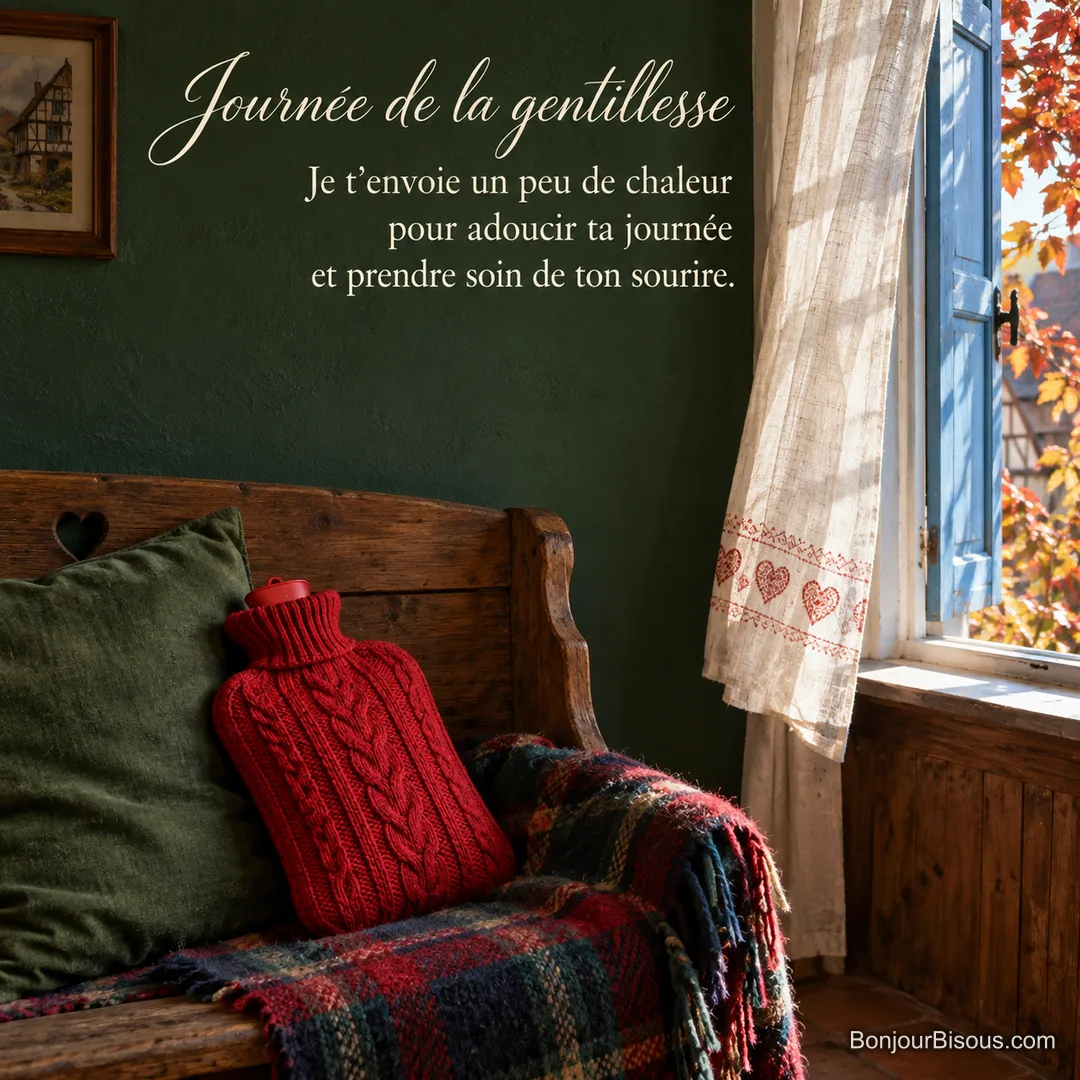 Une bouillotte en maille rouge attend sur une banquette, près d’un volet bleu et d’un rideau soulevé par la brise, avec le texte « Journée de la gentillesse Je t’envoie un peu de chaleur pour adoucir ta journée et prendre soin de ton sourire. ». Une bouillotte en maille rouge attend sur une banquette, près d’un volet bleu et d’un rideau soulevé par la brise, avec le texte « Journée de la gentillesse Je t’envoie un peu de chaleur pour adoucir ta journée et prendre soin de ton sourire. ».