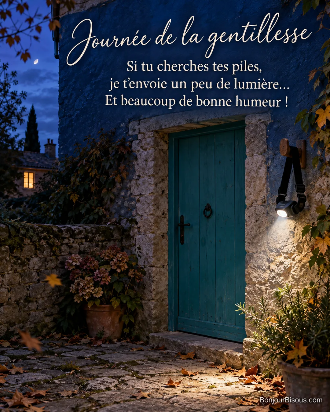 Une lampe frontale prêtée éclaire un sentier de pierre à côté d’une porte turquoise au crépuscule, avec le texte « Journée de la gentillesse Si tu cherches tes piles, je t’envoie un peu de lumière… Et beaucoup de bonne humeur ! ». Une lampe frontale prêtée éclaire un sentier de pierre à côté d’une porte turquoise au crépuscule, avec le texte « Journée de la gentillesse Si tu cherches tes piles, je t’envoie un peu de lumière… Et beaucoup de bonne humeur ! ».