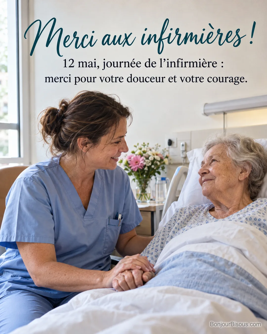 Photo d’une infirmière en tenue bleue qui tient la main d’une dame âgée alitée dans une chambre d’hôpital lumineuse, avec le texte « Merci aux infirmières ! 12 mai, journée de l’infirmière : merci pour votre douceur et votre courage. » Photo d’une infirmière en tenue bleue qui tient la main d’une dame âgée alitée dans une chambre d’hôpital lumineuse, avec le texte « Merci aux infirmières ! 12 mai, journée de l’infirmière : merci pour votre douceur et votre courage. »