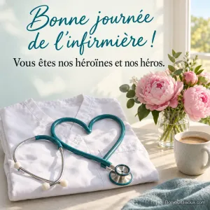 Photo d’un stéthoscope posé en cœur sur une blouse blanche pliée, avec un vase de pivoines roses et une tasse de café près d’une fenêtre, avec le texte « Bonne journée de l’infirmière ! Vous êtes nos héroïnes et nos héros. »