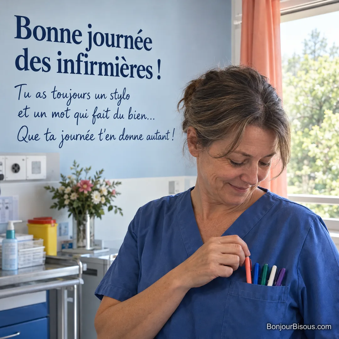 Une infirmière saisit un stylo parmi cinq stylos colorés dans la poche de sa tenue bleue, avec le texte « Bonne journée des infirmières ! Tu as toujours un stylo et un mot qui fait du bien… Que ta journée t’en donne autant ! ». Une infirmière saisit un stylo parmi cinq stylos colorés dans la poche de sa tenue bleue, avec le texte « Bonne journée des infirmières ! Tu as toujours un stylo et un mot qui fait du bien… Que ta journée t’en donne autant ! ».