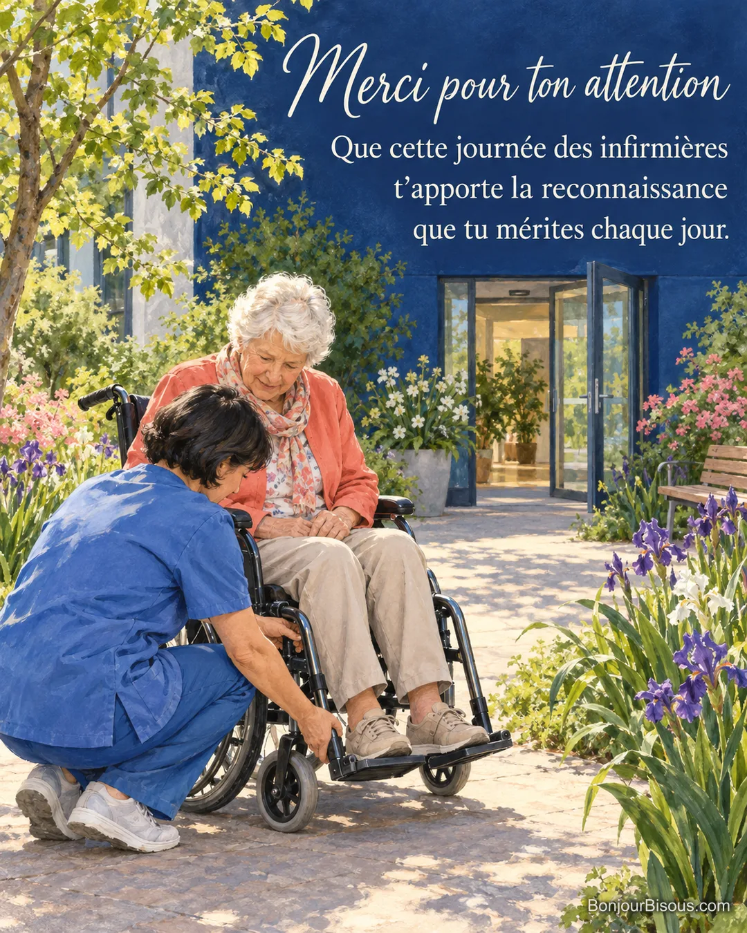 Une infirmière ajuste le repose-pied d’un fauteuil roulant avant une sortie dans le jardin de l’hôpital, avec le texte « Merci pour ton attention Que cette journée des infirmières t’apporte la reconnaissance que tu mérites chaque jour. ». Une infirmière ajuste le repose-pied d’un fauteuil roulant avant une sortie dans le jardin de l’hôpital, avec le texte « Merci pour ton attention Que cette journée des infirmières t’apporte la reconnaissance que tu mérites chaque jour. ».