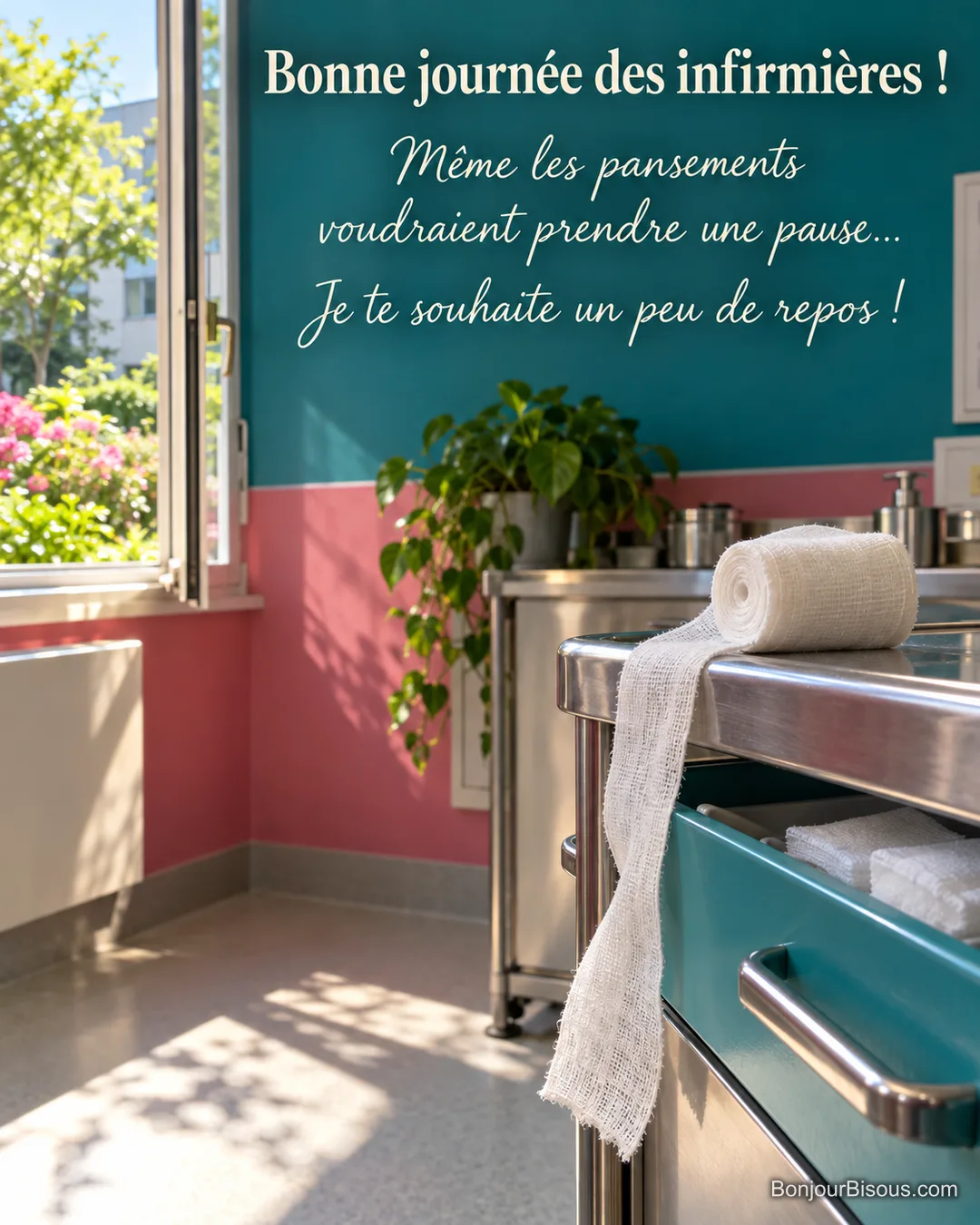 Un rouleau de gaze se déroule au bord d’un chariot de soins près d’une fenêtre ouverte sur un jardin, avec le texte « Bonne journée des infirmières ! Même les pansements voudraient prendre une pause… Je te souhaite un peu de repos ! ». Un rouleau de gaze se déroule au bord d’un chariot de soins près d’une fenêtre ouverte sur un jardin, avec le texte « Bonne journée des infirmières ! Même les pansements voudraient prendre une pause… Je te souhaite un peu de repos ! ».
