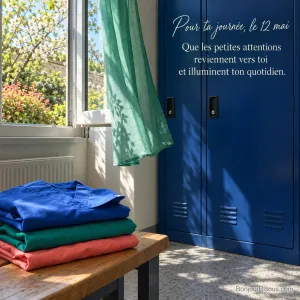 Trois tenues de soins bleue, verte et corail sont pliées dans un vestiaire ensoleillé, avec le texte « Pour ta journée, le 12 mai Que les petites attentions reviennent vers toi et illuminent ton quotidien. ».