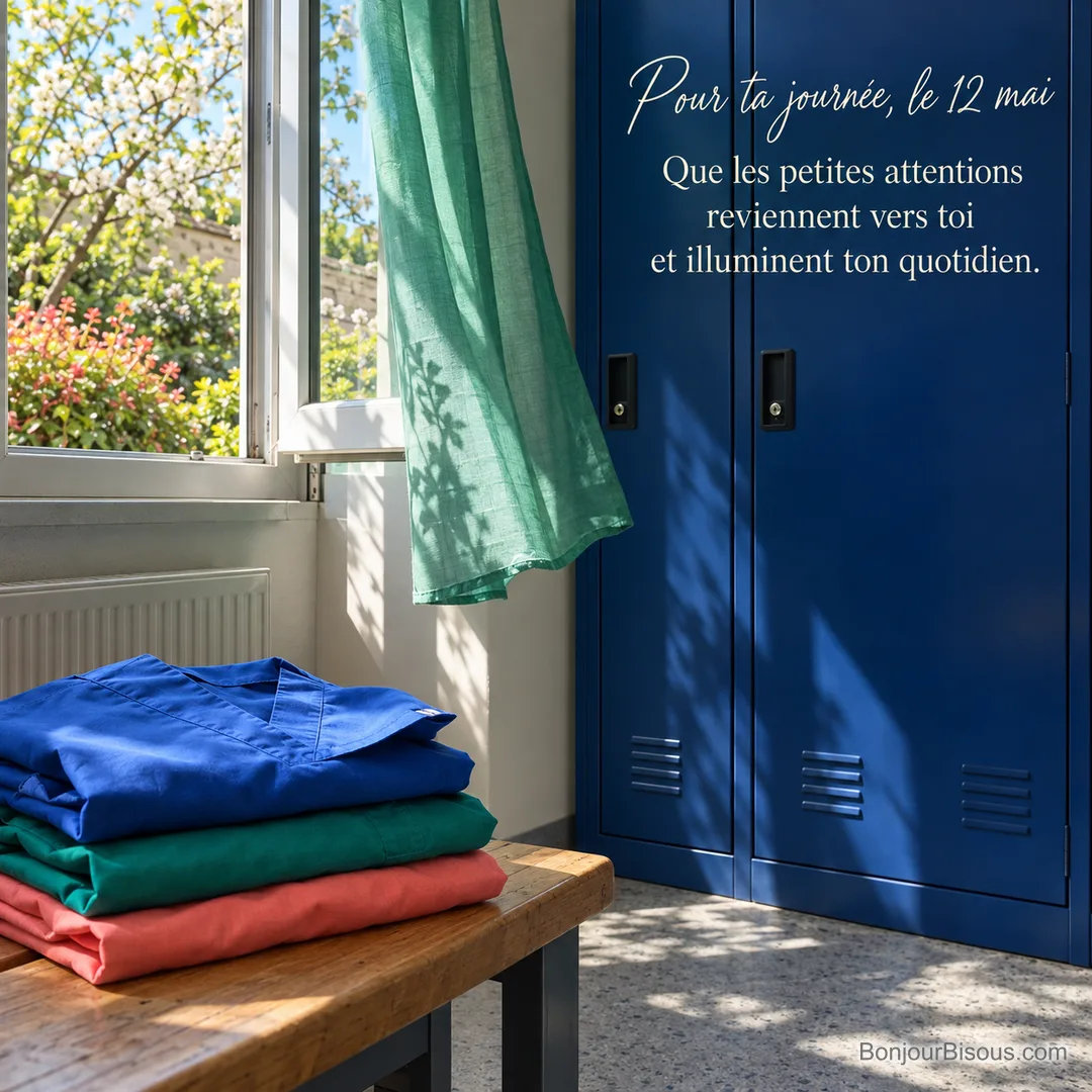 Trois tenues de soins bleue, verte et corail sont pliées dans un vestiaire ensoleillé, avec le texte « Pour ta journée, le 12 mai Que les petites attentions reviennent vers toi et illuminent ton quotidien. ». Trois tenues de soins bleue, verte et corail sont pliées dans un vestiaire ensoleillé, avec le texte « Pour ta journée, le 12 mai Que les petites attentions reviennent vers toi et illuminent ton quotidien. ».