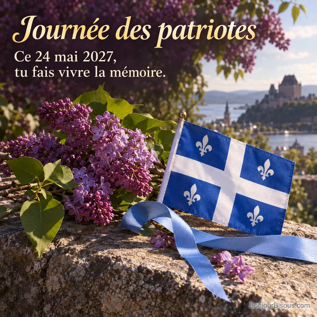 Au matin du 24 mai au Québec, une branche de lilas violets de saison entoure délicatement un petit drapeau québécois posé près d’un ruban bleu sur un socle de pierre sans inscription, avec le texte « Journée des patriotes Ce 24 mai 2027, tu fais vivre la mémoire. ». Au matin du 24 mai au Québec, une branche de lilas violets de saison entoure délicatement un petit drapeau québécois posé près d’un ruban bleu sur un socle de pierre sans inscription, avec le texte « Journée des patriotes Ce 24 mai 2027, tu fais vivre la mémoire. ».