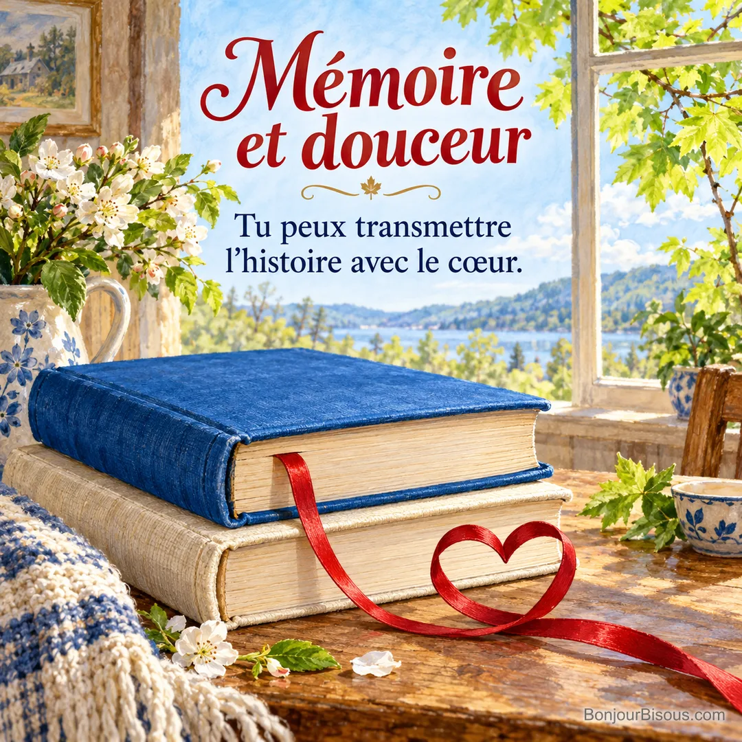 Illustration de deux livres d’histoire fermés sans aucun titre, en reliure bleu vif et ivoire, abritant un ruban marque-page rouge en forme de cœur, avec le texte « Mémoire et douceur Tu peux transmettre l’histoire avec le cœur. ». Illustration de deux livres d’histoire fermés sans aucun titre, en reliure bleu vif et ivoire, abritant un ruban marque-page rouge en forme de cœur, avec le texte « Mémoire et douceur Tu peux transmettre l’histoire avec le cœur. ».