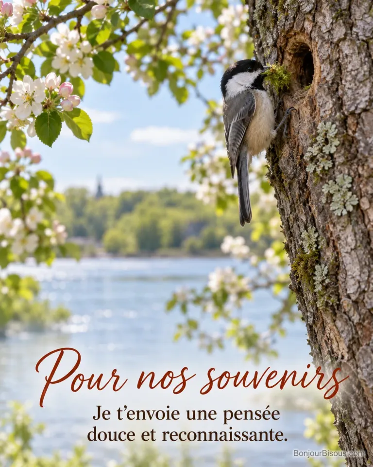 Une petite mésange à tête noire du Québec apporte un brin de mousse pour son nid dans un vieil érable au bord du Richelieu en mai, avec le texte « Pour nos souvenirs Je t’envoie une pensée douce et reconnaissante. ».
