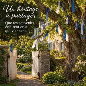 Un unique arbre à rubans de tissu bleus et blancs dans le jardin d’une maison historique québécoise, grand tronc et petites feuilles neuves en mai, lumière dorée à 17 h, avec le texte « Un héritage à partager Que tes souvenirs éclairent ceux qui viennent. ».