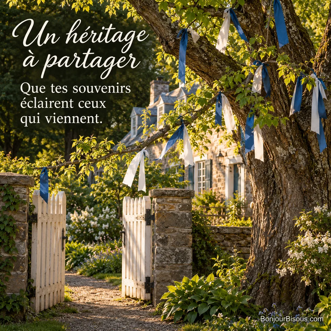 Un unique arbre à rubans de tissu bleus et blancs dans le jardin d’une maison historique québécoise, grand tronc et petites feuilles neuves en mai, lumière dorée à 17 h, avec le texte « Un héritage à partager Que tes souvenirs éclairent ceux qui viennent. ». Un unique arbre à rubans de tissu bleus et blancs dans le jardin d’une maison historique québécoise, grand tronc et petites feuilles neuves en mai, lumière dorée à 17 h, avec le texte « Un héritage à partager Que tes souvenirs éclairent ceux qui viennent. ».