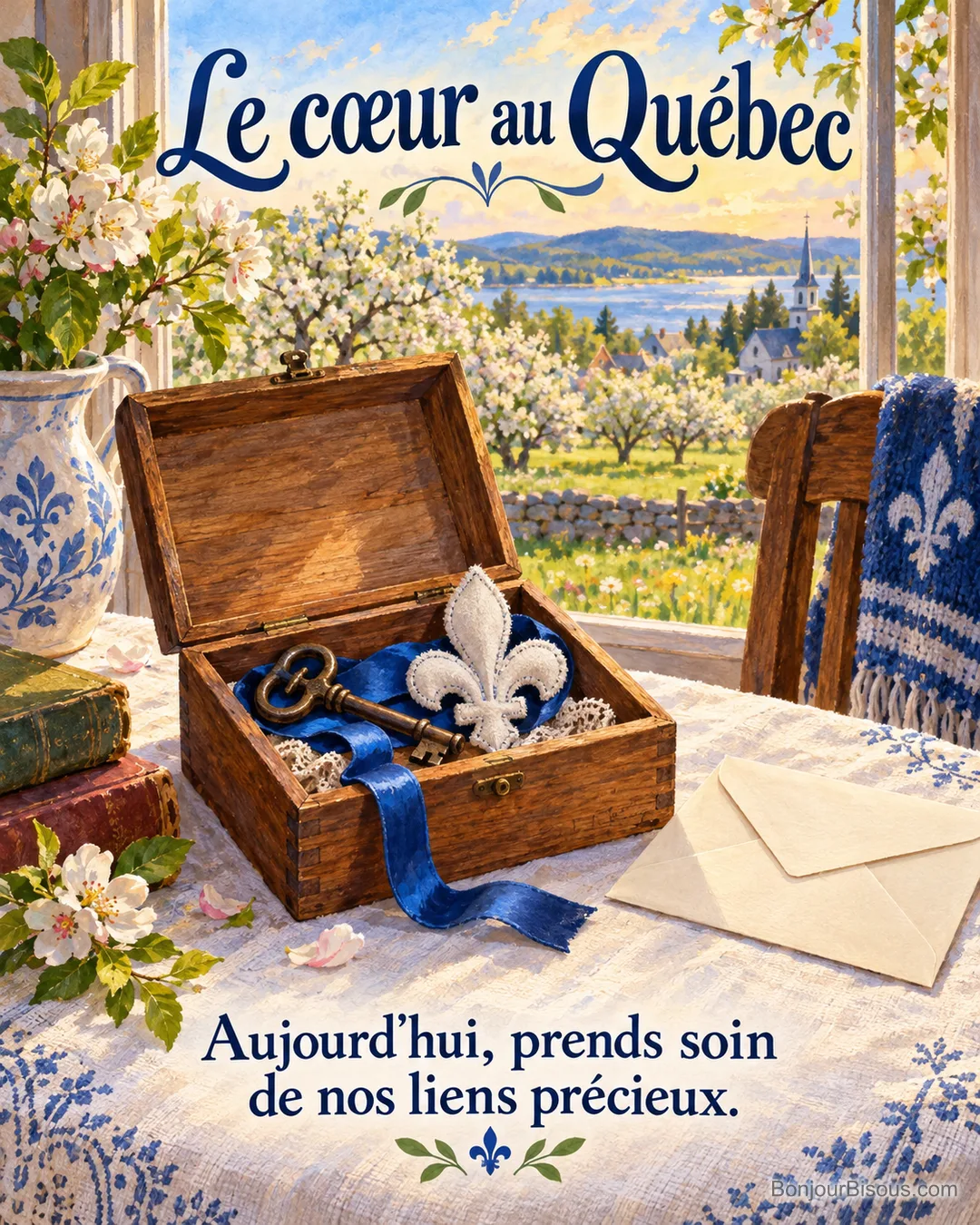 Une boîte à souvenirs en bois ouverte contient une vieille clé, un ruban bleu et une fleur de lys blanche simple en tissu ; une enveloppe entièrement vierge est posée à côté, avec le texte « Le cœur au Québec Aujourd’hui, prends soin de nos liens précieux. ». Une boîte à souvenirs en bois ouverte contient une vieille clé, un ruban bleu et une fleur de lys blanche simple en tissu ; une enveloppe entièrement vierge est posée à côté, avec le texte « Le cœur au Québec Aujourd’hui, prends soin de nos liens précieux. ».