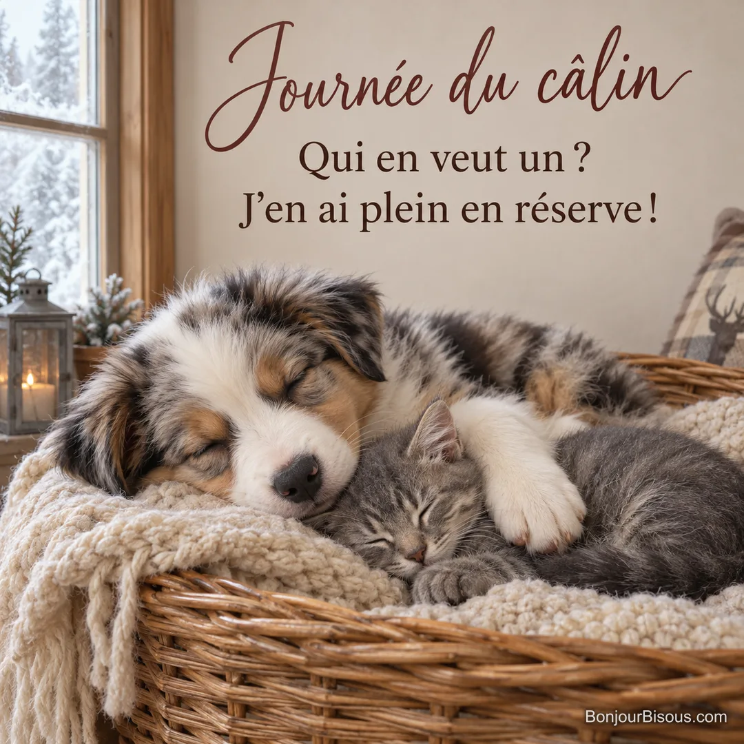 Photo d’un chiot berger australien qui serre un chaton gris endormi dans un panier en osier avec une couverture en laine, fenêtre enneigée, avec le texte « Journée du câlin – Qui en veut un ? J’en ai plein en réserve ! » Photo d’un chiot berger australien qui serre un chaton gris endormi dans un panier en osier avec une couverture en laine, fenêtre enneigée, avec le texte « Journée du câlin – Qui en veut un ? J’en ai plein en réserve ! »