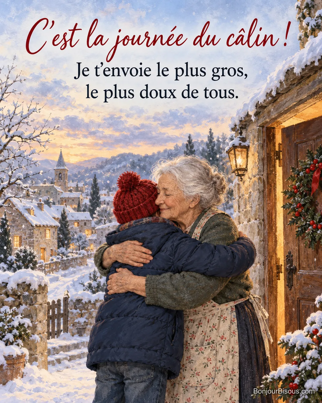 Peinture d’une grand-mère en tablier qui serre dans ses bras un garçon en bonnet rouge devant une porte décorée d’une couronne de houx, village sous la neige, avec le texte « C’est la journée du câlin ! Je t’envoie le plus gros, le plus doux de tous. » Peinture d’une grand-mère en tablier qui serre dans ses bras un garçon en bonnet rouge devant une porte décorée d’une couronne de houx, village sous la neige, avec le texte « C’est la journée du câlin ! Je t’envoie le plus gros, le plus doux de tous. »