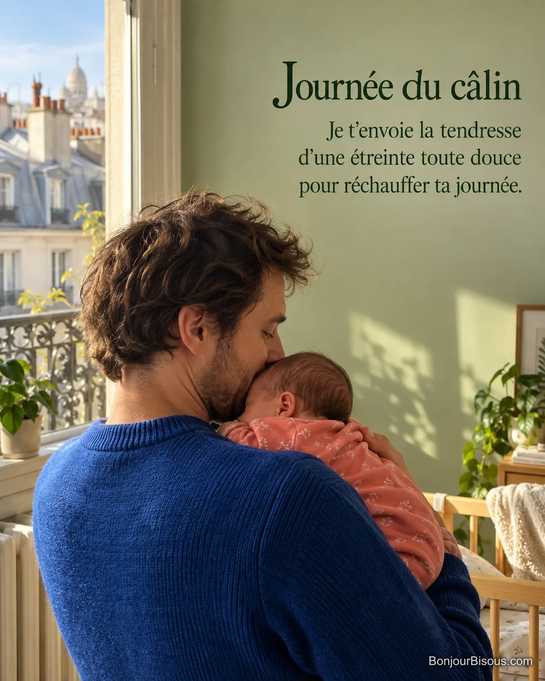 Un père serre son nourrisson contre son épaule et l’embrasse doucement dans un appartement parisien lumineux, avec le texte « Journée du câlin Je t’envoie la tendresse d’une étreinte toute douce pour réchauffer ta journée. ». Un père serre son nourrisson contre son épaule et l’embrasse doucement dans un appartement parisien lumineux, avec le texte « Journée du câlin Je t’envoie la tendresse d’une étreinte toute douce pour réchauffer ta journée. ».