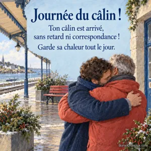 Deux frères se retrouvent et s’étreignent sur le quai d’une petite gare bretonne, avec le texte « Journée du câlin ! Ton câlin est arrivé, sans retard ni correspondance ! Garde sa chaleur tout le jour. ».
