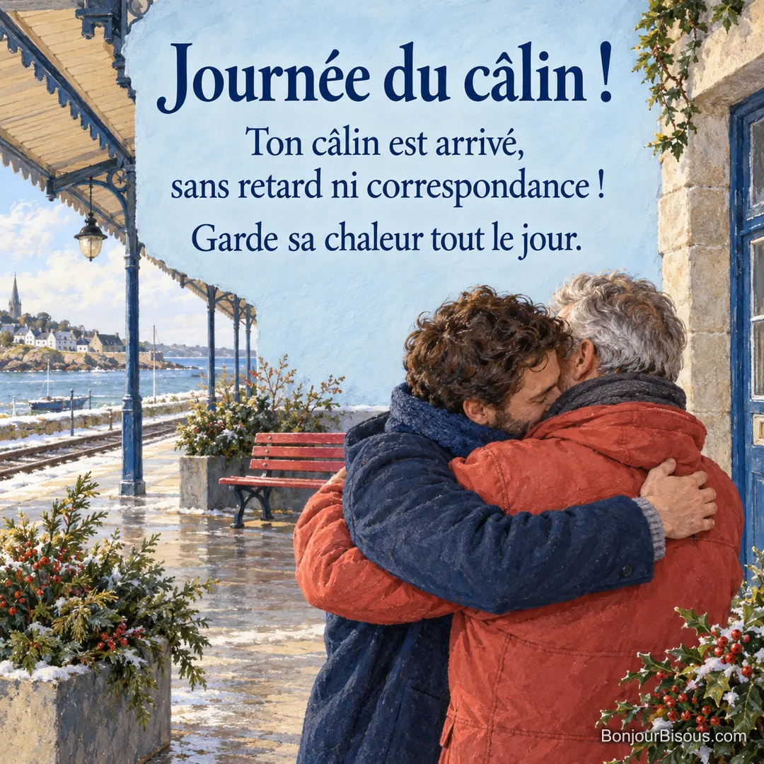 Deux frères se retrouvent et s’étreignent sur le quai d’une petite gare bretonne, avec le texte « Journée du câlin ! Ton câlin est arrivé, sans retard ni correspondance ! Garde sa chaleur tout le jour. ». Deux frères se retrouvent et s’étreignent sur le quai d’une petite gare bretonne, avec le texte « Journée du câlin ! Ton câlin est arrivé, sans retard ni correspondance ! Garde sa chaleur tout le jour. ».