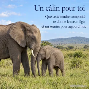 Une éléphante et son petit se blottissent tête contre tête dans une savane verdoyante, avec le texte « Un câlin pour toi Que cette tendre complicité te donne le cœur léger et un sourire pour aujourd’hui. ».