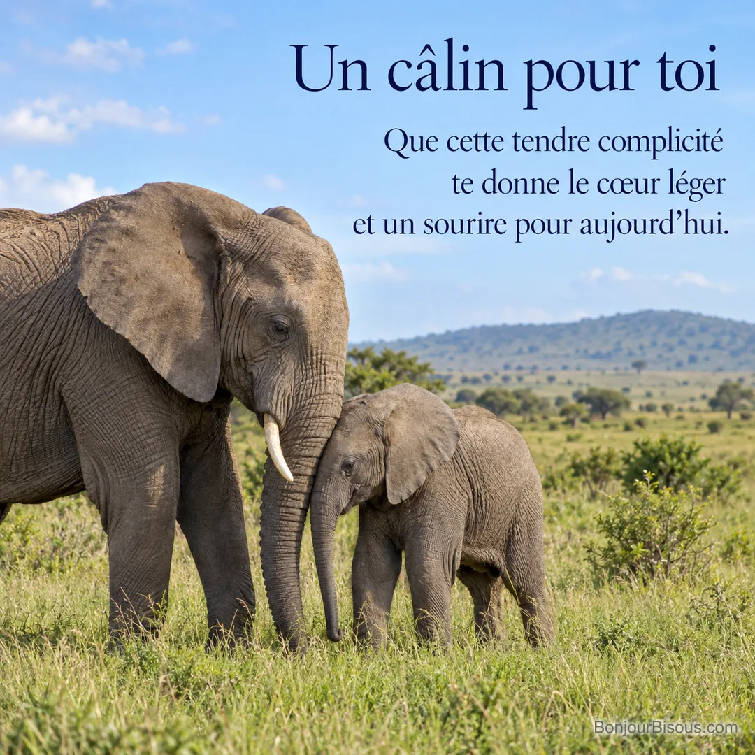 Une éléphante et son petit se blottissent tête contre tête dans une savane verdoyante, avec le texte « Un câlin pour toi Que cette tendre complicité te donne le cœur léger et un sourire pour aujourd’hui. ». Une éléphante et son petit se blottissent tête contre tête dans une savane verdoyante, avec le texte « Un câlin pour toi Que cette tendre complicité te donne le cœur léger et un sourire pour aujourd’hui. ».