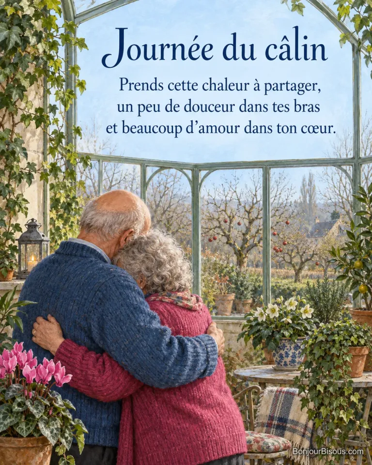 Un couple âgé partage une tendre étreinte au milieu des plantes d’un jardin d’hiver, avec le texte « Journée du câlin Prends cette chaleur à partager, un peu de douceur dans tes bras et beaucoup d’amour dans ton cœur. ».