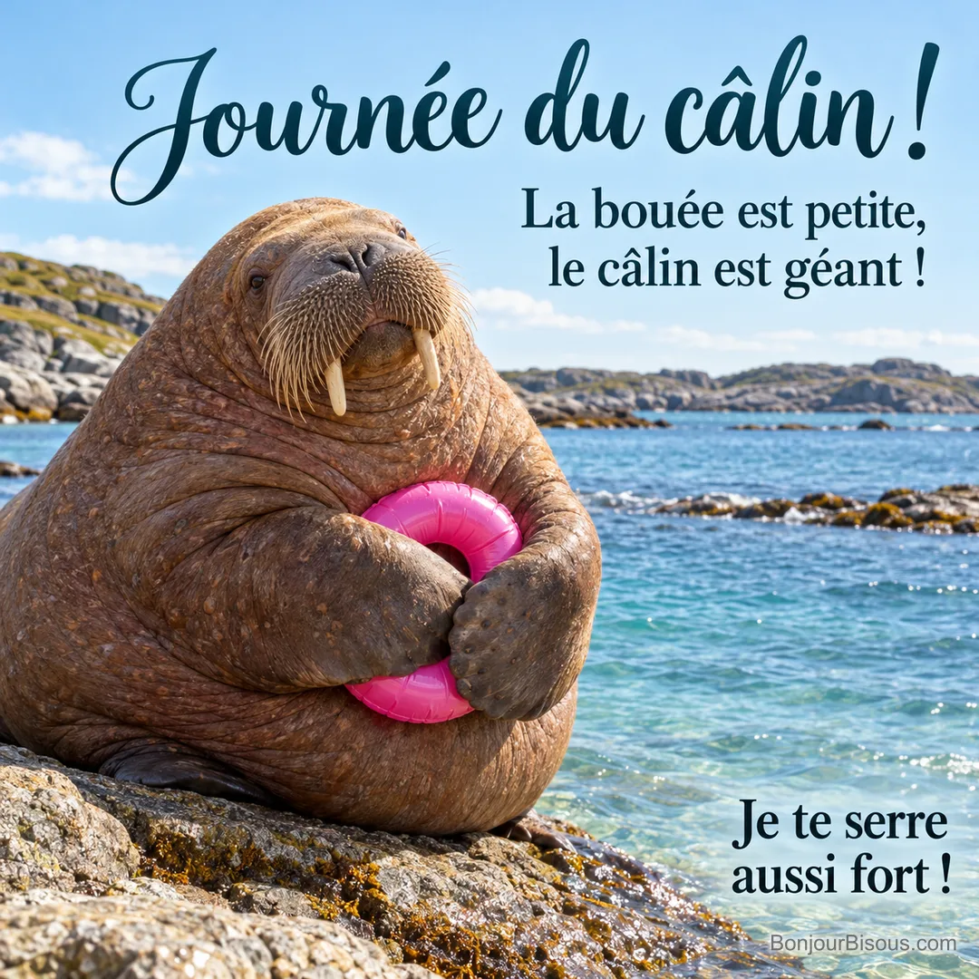 Un grand morse serre une toute petite bouée fuchsia contre son ventre, avec le message « Journée du câlin ! La bouée est petite, le câlin est géant ! Je te serre aussi fort ! ». Un grand morse serre une toute petite bouée fuchsia contre son ventre, avec le message « Journée du câlin ! La bouée est petite, le câlin est géant ! Je te serre aussi fort ! ».