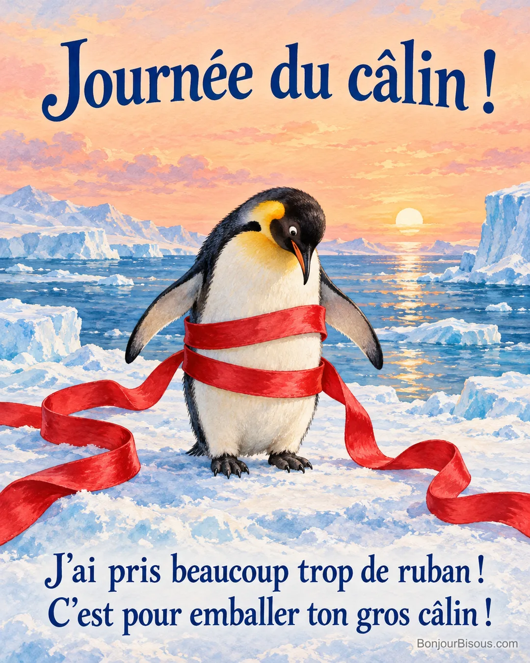 Un manchot a déroulé beaucoup trop de ruban rouge pour emballer son câlin, avec le message « Journée du câlin ! J’ai pris beaucoup trop de ruban ! C’est pour emballer ton gros câlin ! ». Un manchot a déroulé beaucoup trop de ruban rouge pour emballer son câlin, avec le message « Journée du câlin ! J’ai pris beaucoup trop de ruban ! C’est pour emballer ton gros câlin ! ».